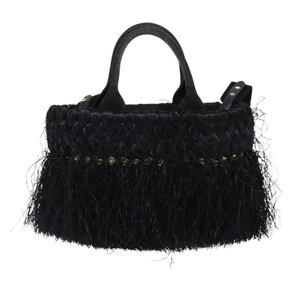 PRADA Basket bag Hand Bag Raffia 2way Black Gold Auth 144390
