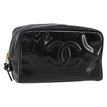 CHANEL COCO Mark Vanity Cosmetic Pouch Patent leather Black Gold CC Auth 144394