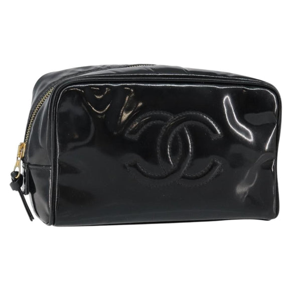 CHANEL COCO Mark Vanity Cosmetic Pouch Patent leather Black Gold CC Auth 144394