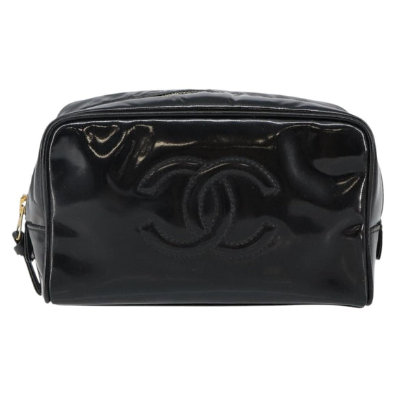 CHANEL COCO Mark Vanity Cosmetic Pouch Patent leather Black Gold CC Auth 144394