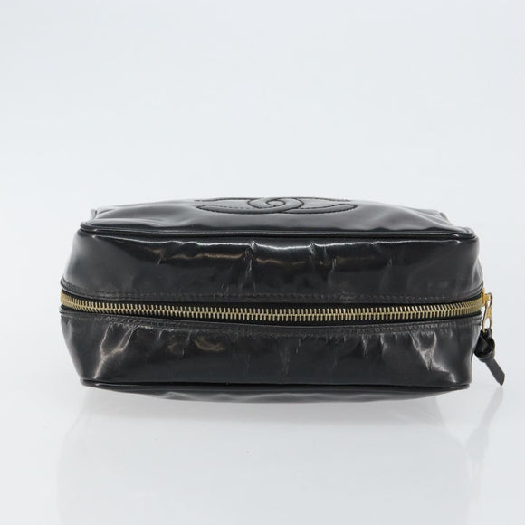 CHANEL COCO Mark Vanity Cosmetic Pouch Patent leather Black Gold CC Auth 144394