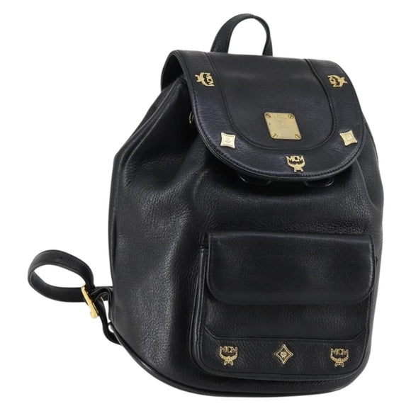MCM Studs Backpack Leather Black Gold Auth 144411