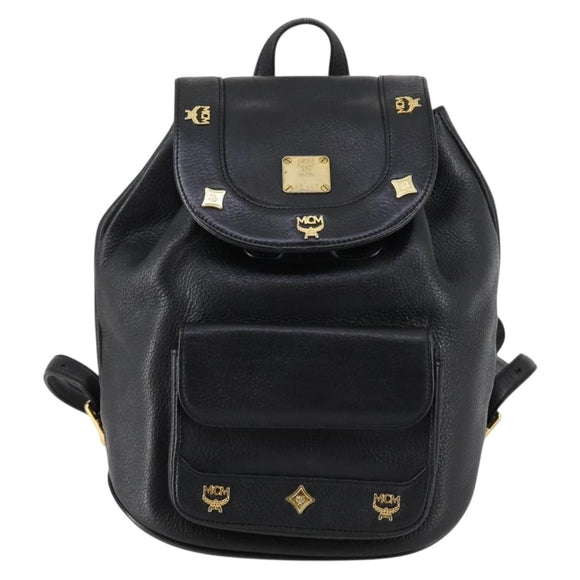 MCM Studs Backpack Leather Black Gold Auth 144411