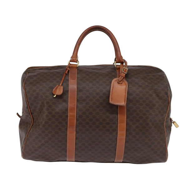 CELINE Macadam Canvas Boston Bag PVC Leather Brown Gold Auth 144413