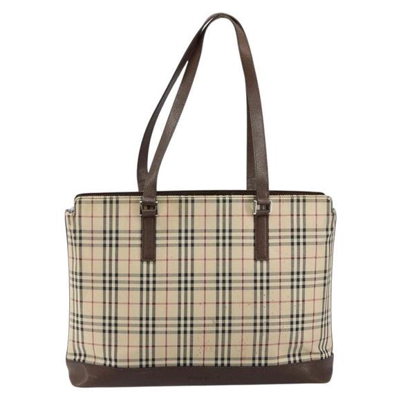 BURBERRY Nova Check Tote Bag Canvas Leather Beige Silver Auth 144429