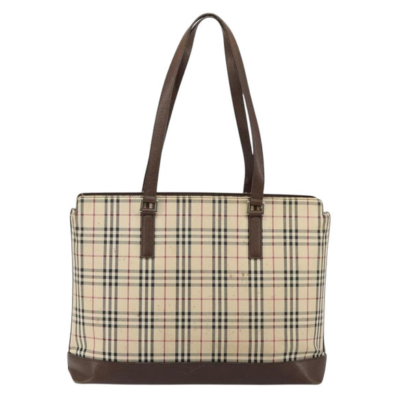 BURBERRY Nova Check Tote Bag Canvas Leather Beige Silver Auth 144429