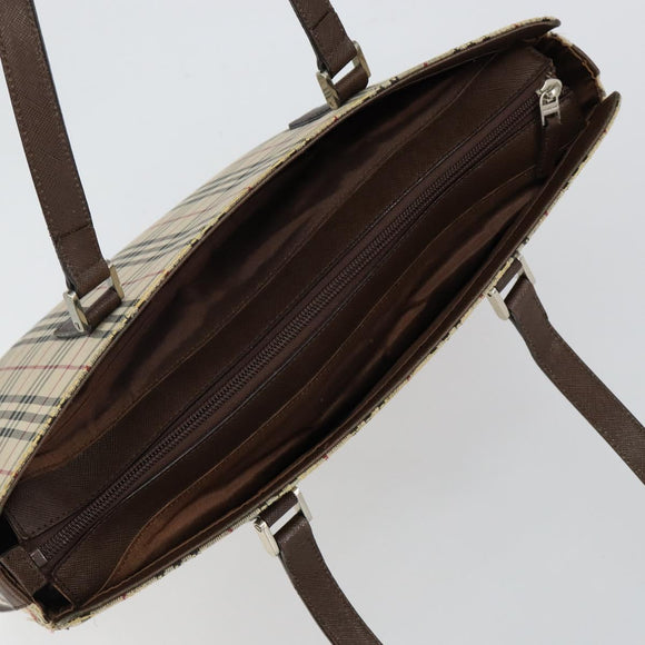 BURBERRY Nova Check Tote Bag Canvas Leather Beige Silver Auth 144429