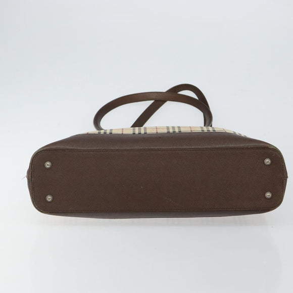 BURBERRY Nova Check Tote Bag Canvas Leather Beige Silver Auth 144429