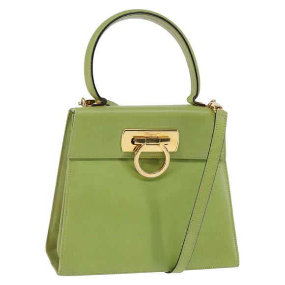 Salvatore Ferragamo Gancini Hand Bag Leather 2way Green Gold Auth 144432