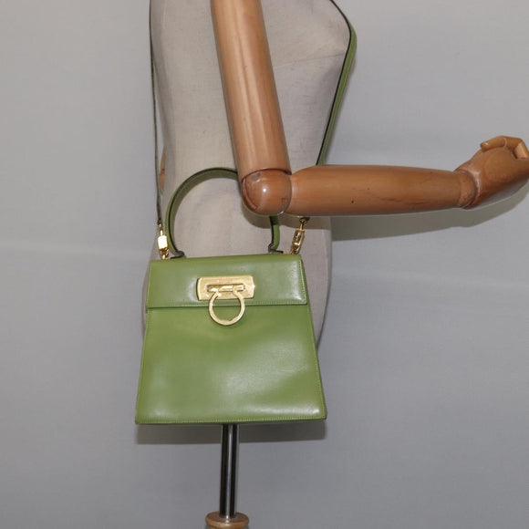 Salvatore Ferragamo Gancini Hand Bag Leather 2way Green Gold Auth 144432A