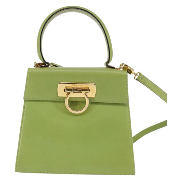 Salvatore Ferragamo Gancini Hand Bag Leather 2way Green Gold Auth 144432A