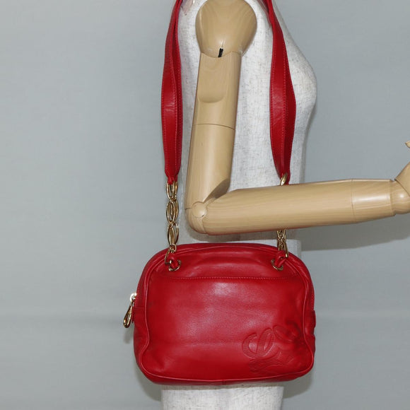 LOEWE Anagram Chain Shoulder Bag Leather Red Gold Auth 144443V