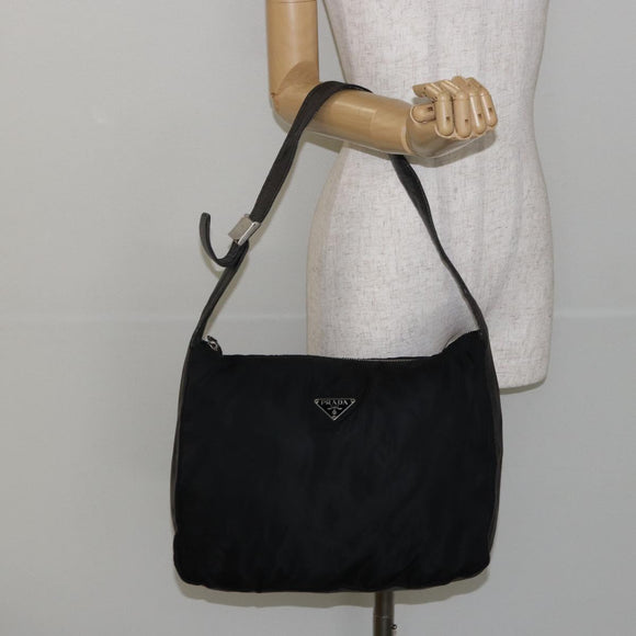 PRADA Shoulder Bag Nylon Black Silver Auth 144476