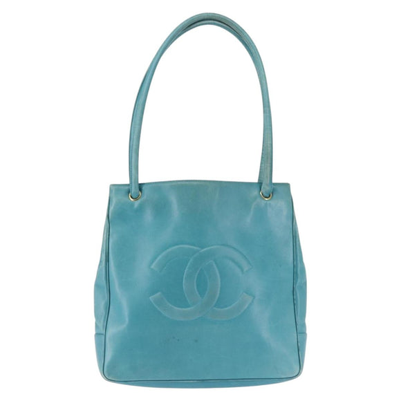 CHANEL COCO Mark Shoulder Bag Lamb Skin Turquoise Blue Gold CC Auth 144517