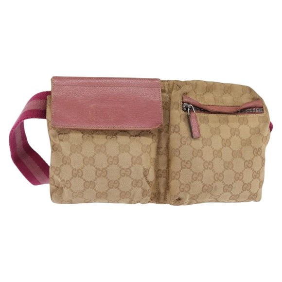 GUCCI GG Canvas Sherry Line Waist Bag Beige Pink Silver 28566 Auth 144532