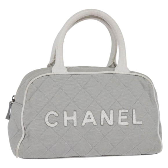 CHANEL Matelasse Hand Bag Canvas Gray Silver CC Auth 144564