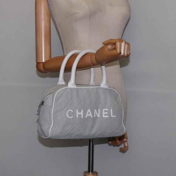 CHANEL Matelasse Hand Bag Canvas Gray Silver CC Auth 144564