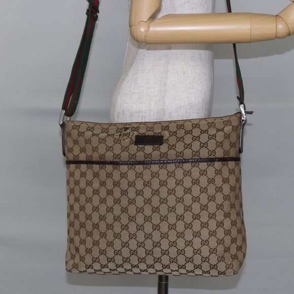 GUCCI GG Canvas Web Sherry Line Shoulder Bag Beige Silver 189751 Auth 144567