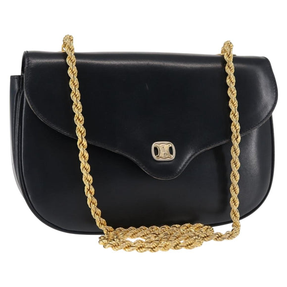 CELINE Chain Shoulder Bag Leather Navy Gold Auth 144581