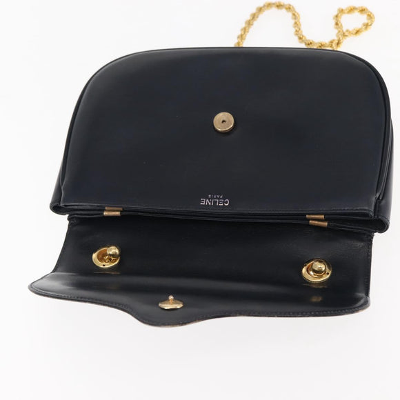 CELINE Chain Shoulder Bag Leather Navy Gold Auth 144581