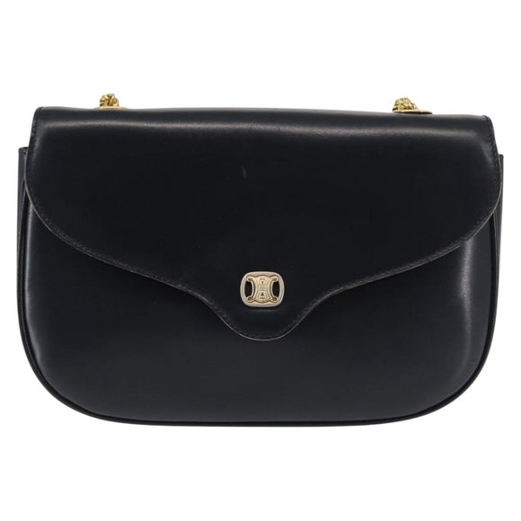 CELINE Chain Shoulder Bag Leather Navy Gold Auth 144581