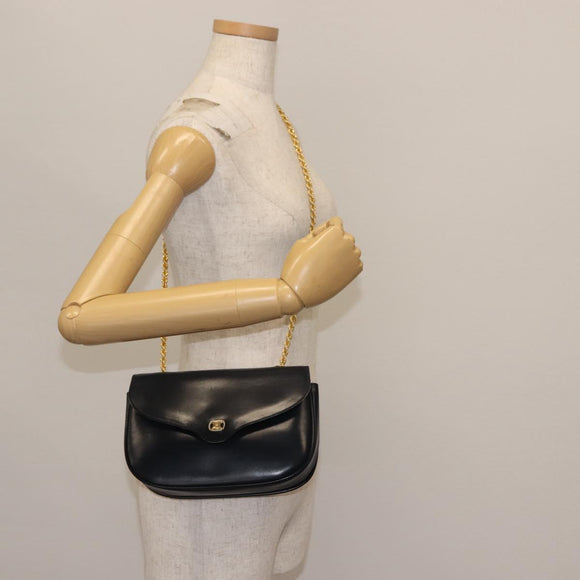 CELINE Chain Shoulder Bag Leather Navy Gold Auth 144581