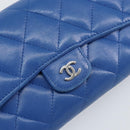 CHANEL Matelasse Long Wallet Lamb Skin Blue Silver CC Auth 144604-17