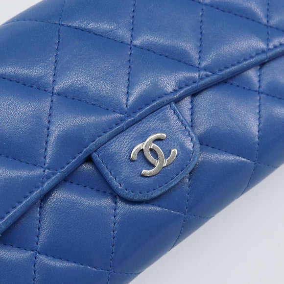 CHANEL Matelasse Long Wallet Lamb Skin Blue Silver CC Auth 144604