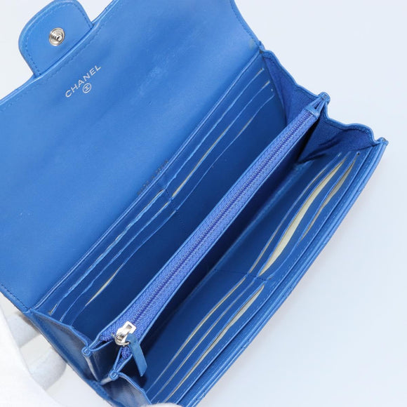 CHANEL Matelasse Long Wallet Lamb Skin Blue Silver CC Auth 144604