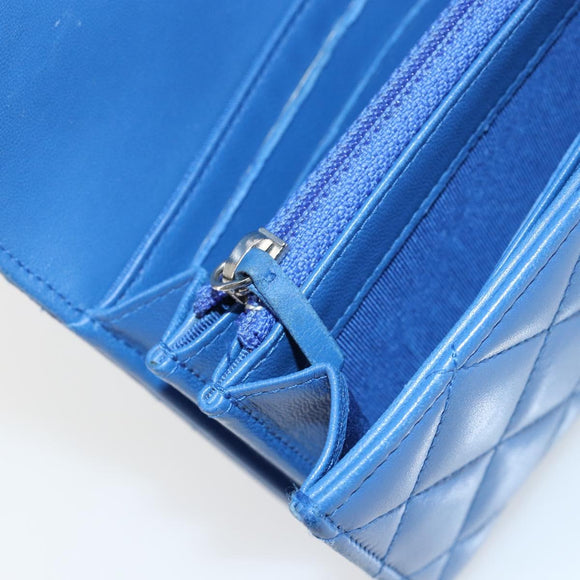 CHANEL Matelasse Long Wallet Lamb Skin Blue Silver CC Auth 144604