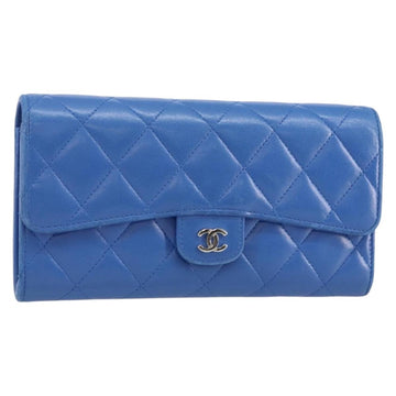 CHANEL Matelasse Long Wallet Lamb Skin Blue Silver CC Auth 144604