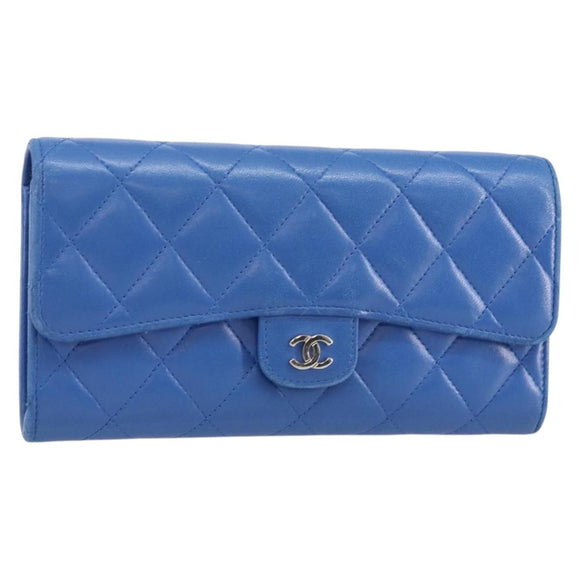 CHANEL Matelasse Long Wallet Lamb Skin Blue Silver CC Auth 144604