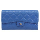 CHANEL Matelasse Long Wallet Lamb Skin Blue Silver CC Auth 144604-13