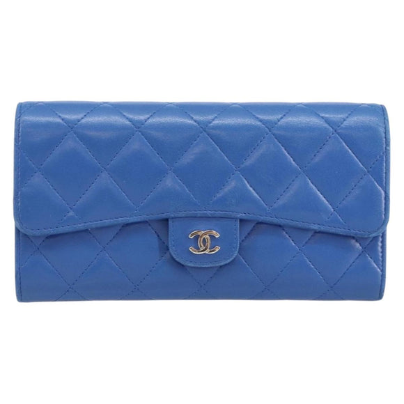 CHANEL Matelasse Long Wallet Lamb Skin Blue Silver CC Auth 144604