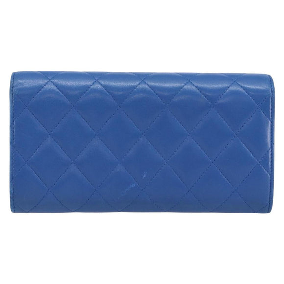 CHANEL Matelasse Long Wallet Lamb Skin Blue Silver CC Auth 144604