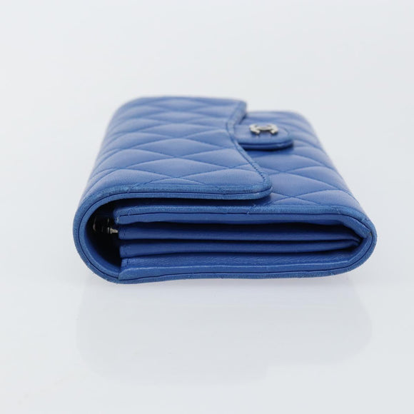 CHANEL Matelasse Long Wallet Lamb Skin Blue Silver CC Auth 144604