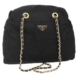 PRADA Chain Shoulder Bag Nylon Black Gold Auth 144611
