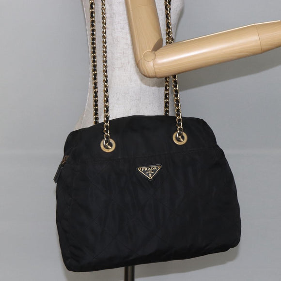 PRADA Chain Shoulder Bag Nylon Black Gold Auth 144611