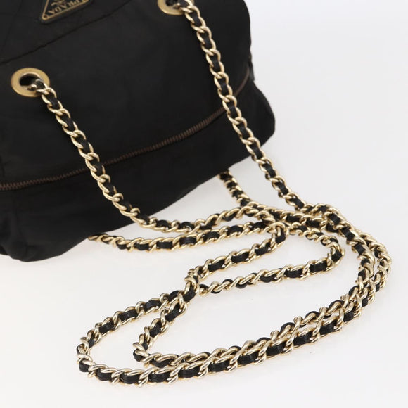 PRADA Chain Shoulder Bag Nylon Black Gold Auth 144611