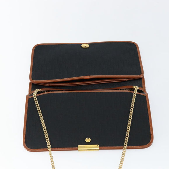 Christian Dior Trotter Canvas Chain Shoulder Bag Black Gold Auth 144627