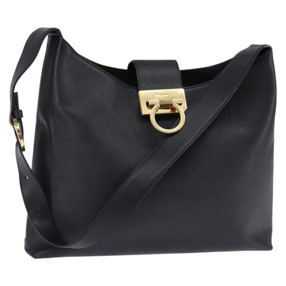 Salvatore Ferragamo Gancini Shoulder Bag Leather Black Gold Auth 144644
