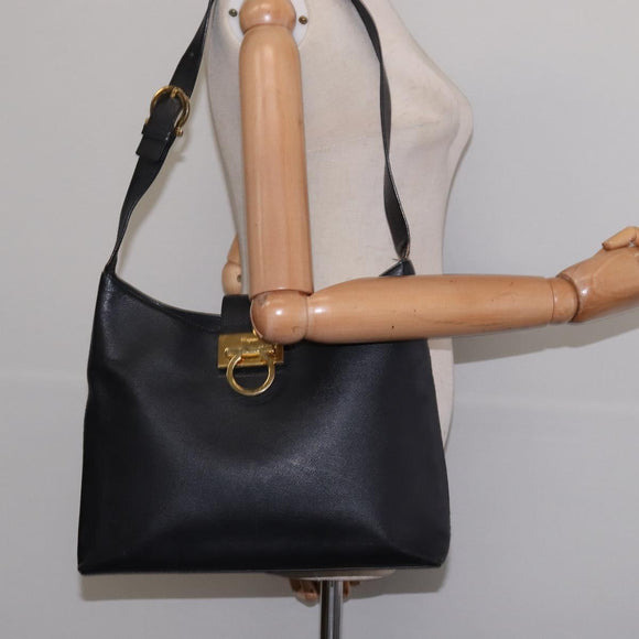 Salvatore Ferragamo Gancini Shoulder Bag Leather Black Gold Auth 144644