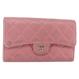 CHANEL Matelasse COCO Mark Long Wallet Lamb Skin Pink Silver CC Auth 144711