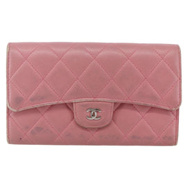 CHANEL Matelasse COCO Mark Long Wallet Lamb Skin Pink Silver CC Auth 144711 - 0