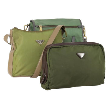 PRADA Pouch Bag Nylon 3 Set Green Khaki Light green Auth 144723