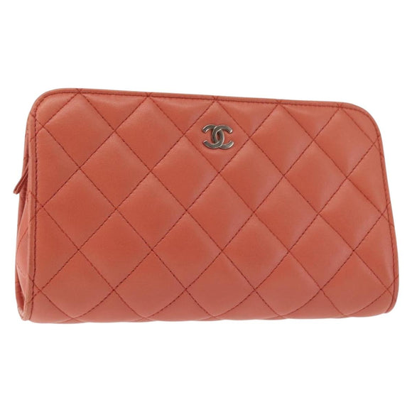 CHANEL Matelasse Pouch Lamb Skin Orange Silver CC Auth 144810