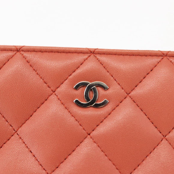 CHANEL Matelasse Pouch Lamb Skin Orange Silver CC Auth 144810