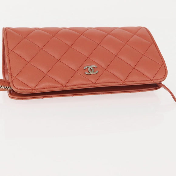 CHANEL Matelasse Pouch Lamb Skin Orange Silver CC Auth 144810