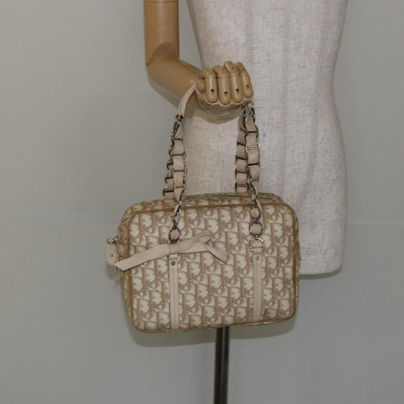 Christian Dior Trotter Canvas Romantic Chain Hand Bag PVC Beige Auth 144811