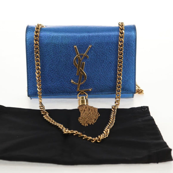 SAINT LAURENT Chain Kate Small Shoulder Bag Leather Blue Gold Auth 144825AV